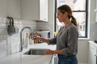 Femme dans une cuisine d'appartement consultant un compteur d'eau au robinet ouvert, illustrant la consommation d'eau annuelle en appartement