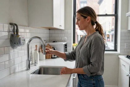 Femme dans une cuisine d'appartement consultant un compteur d'eau au robinet ouvert, illustrant la consommation d'eau annuelle en appartement
