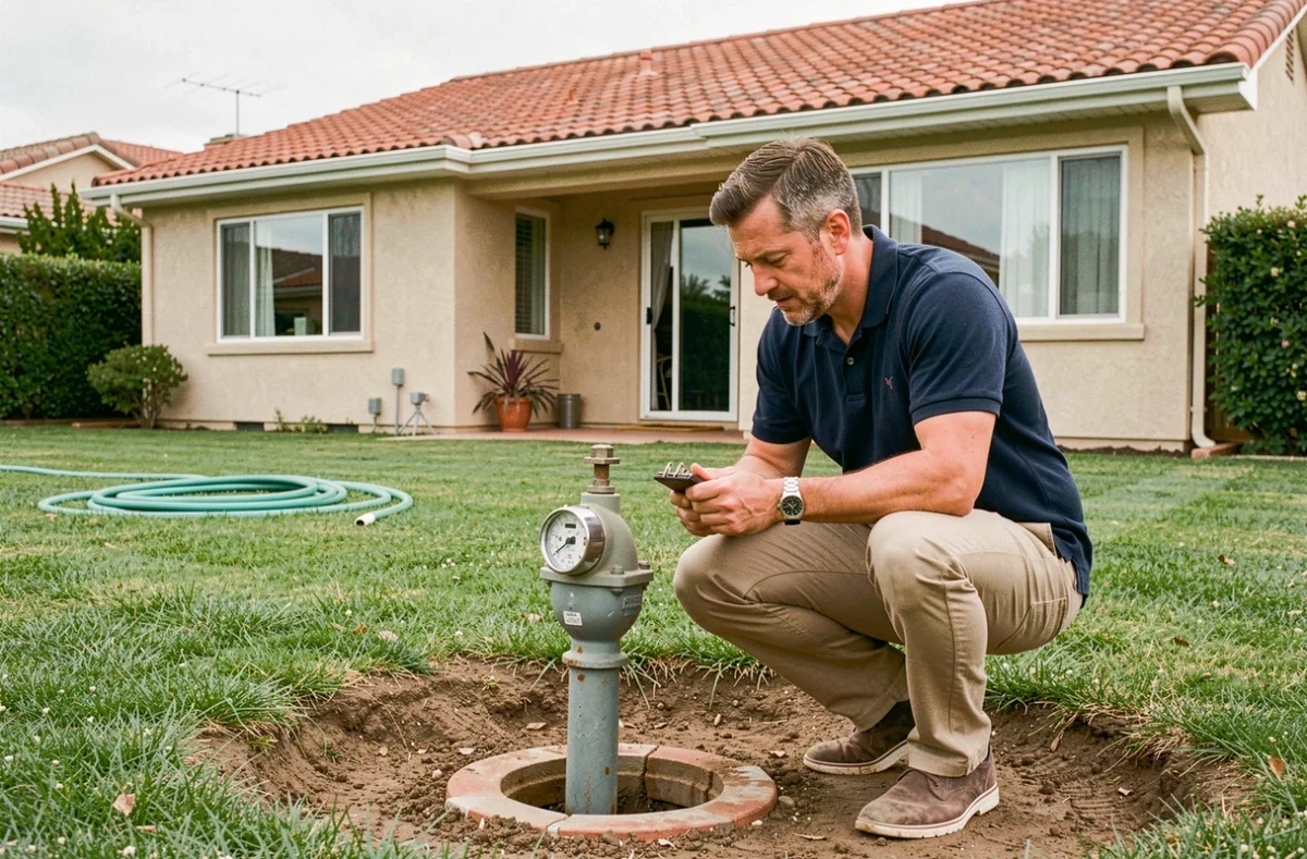 Homme relevant un compteur d'eau extérieur dans le jardin d'une maison individuelle, comparaison de la consommation d'eau annuelle maison vs appartement