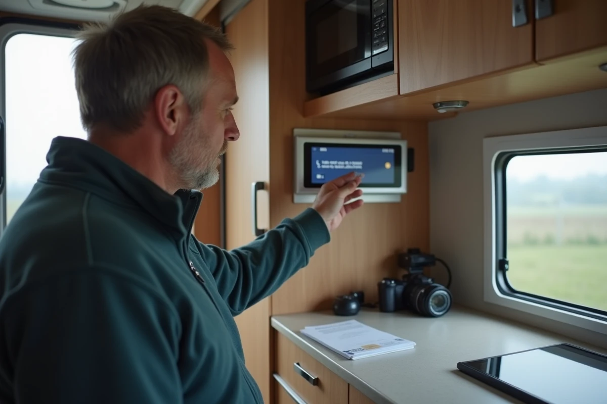 Homme examinant un panneau de contrôle Truma dans un camping-car