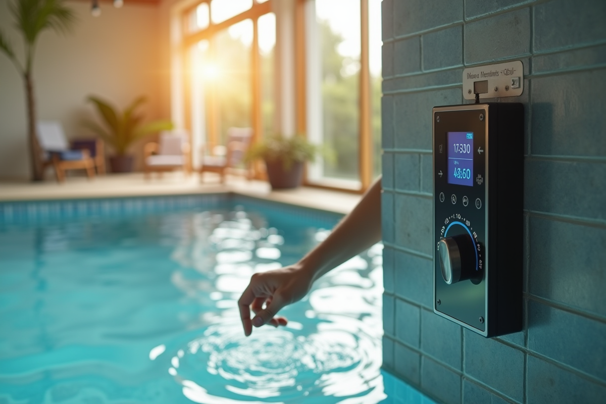Personne ajustant le panneau de contrôle de chauffage piscine intérieur