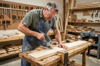 Artisan utilisant une scie sauteuse pour réaliser une coupe d'angle précise sur une planche en bois dans un atelier de menuiserie