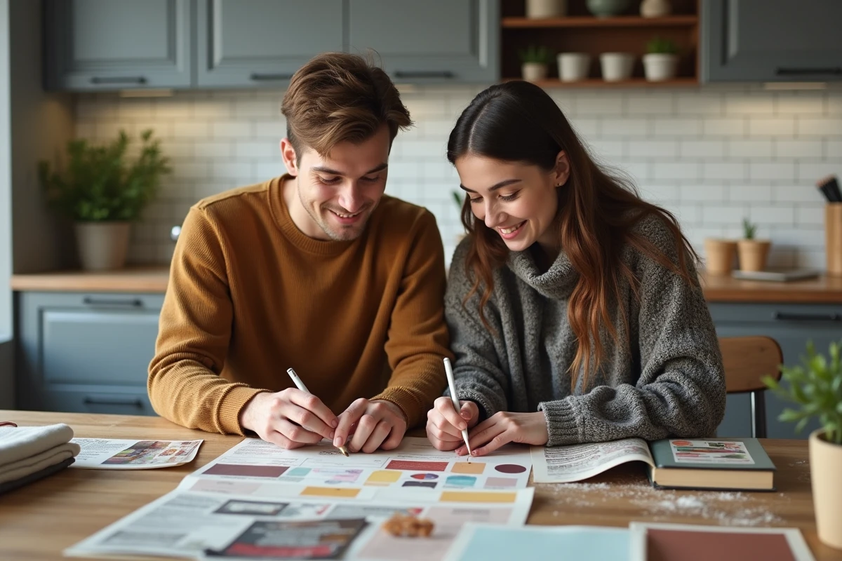 Jeune couple créant un projet DIY dans la cuisine moderne