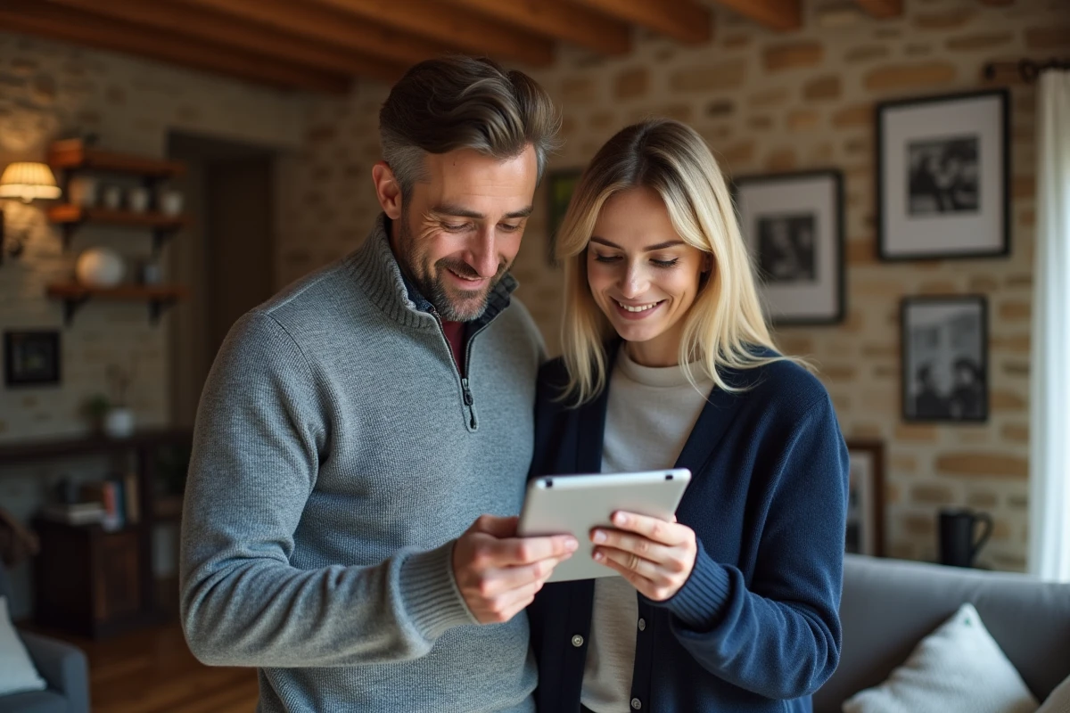 Couple consultant un comparateur d'assurance habitation sur tablette dans un salon moderne