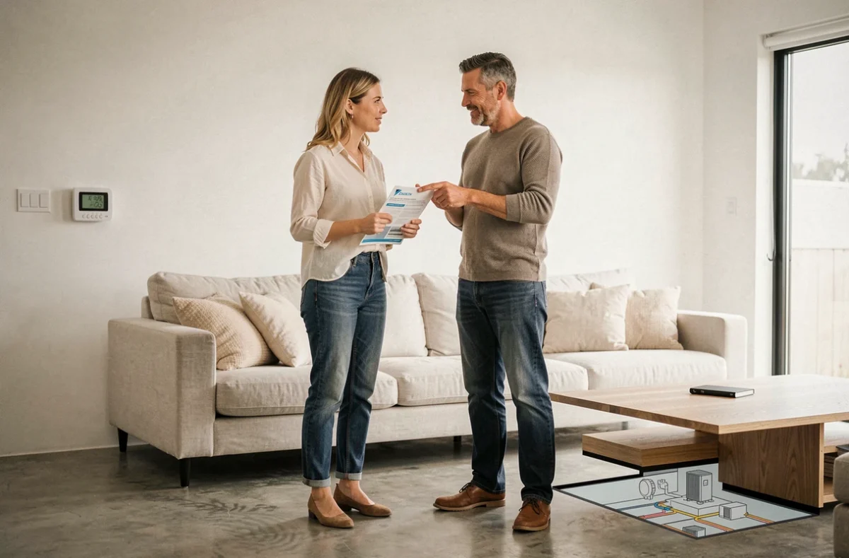 Couple consultant une brochure de pompe à chaleur Daikin dans leur salon moderne avec plancher chauffant