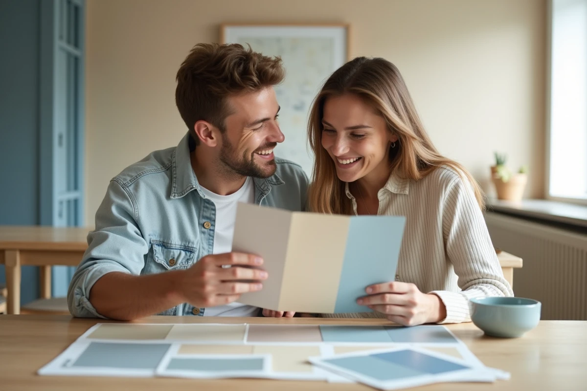 Jeune couple souriant en choisissant des échantillons de peinture