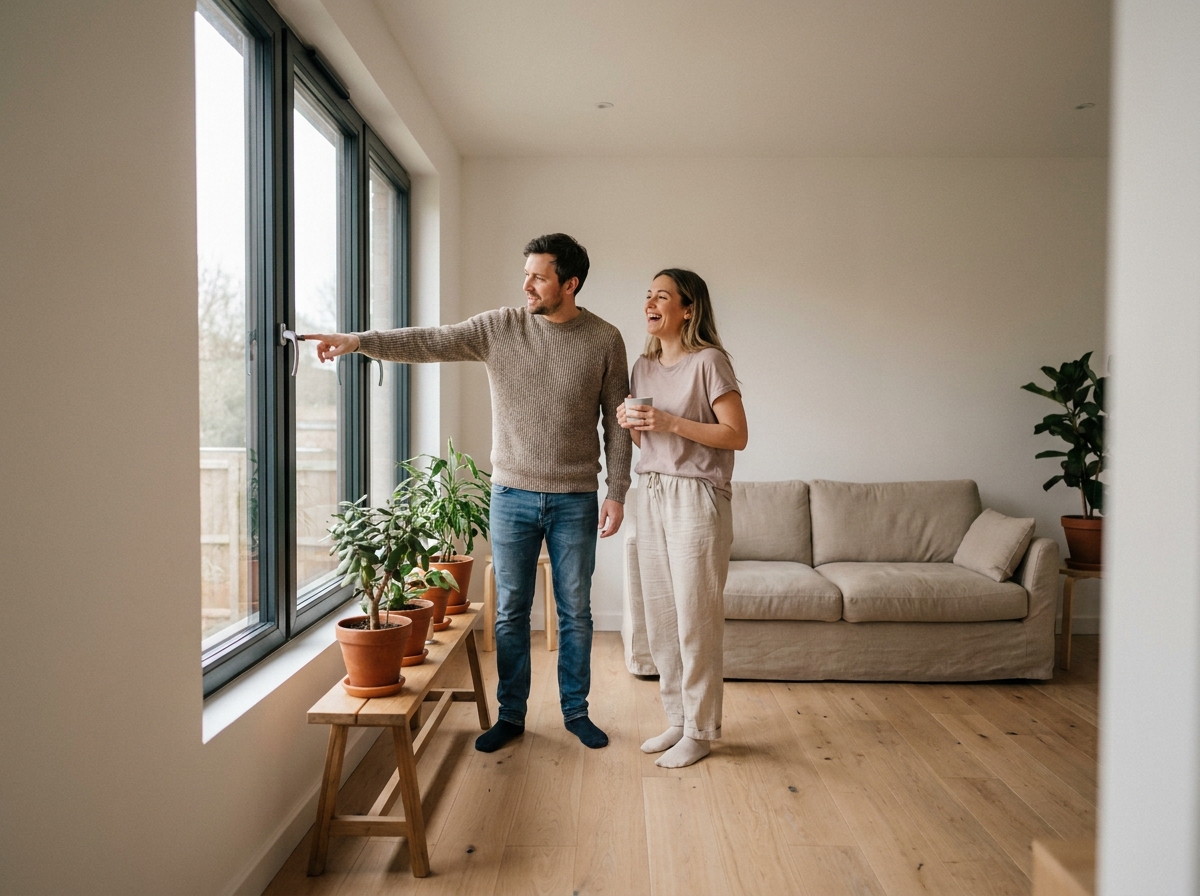 Couple satisfait devant leur nouvelle fenêtre triple vitrage installée par un professionnel dans un salon rénové