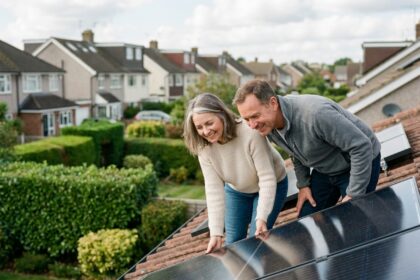 Couple regardant des panneaux solaires sur le toit