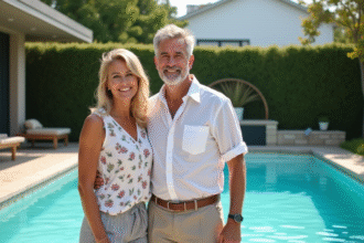 Couple souriant devant une piscine dans leur jardin moderne