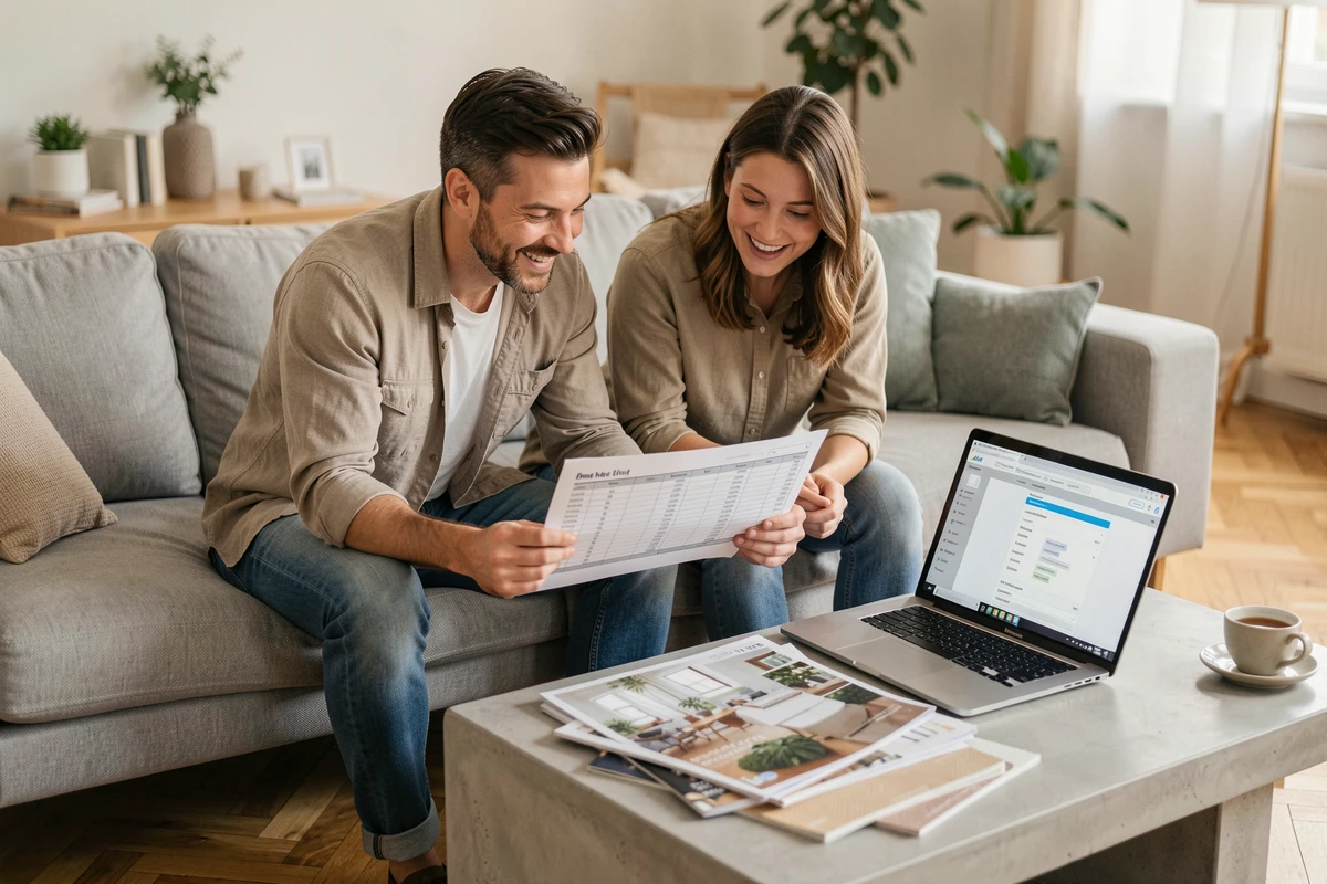 Couple planifiant leur budget décoration intérieure avec un outil en ligne et des échantillons de matériaux sur un canapé