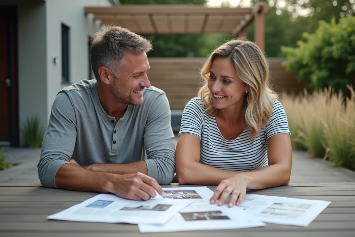 Couple discutant de leur retour d'expérience sur une terrasse en bois composite Terrasto, documents et photos étalés sur une table extérieure