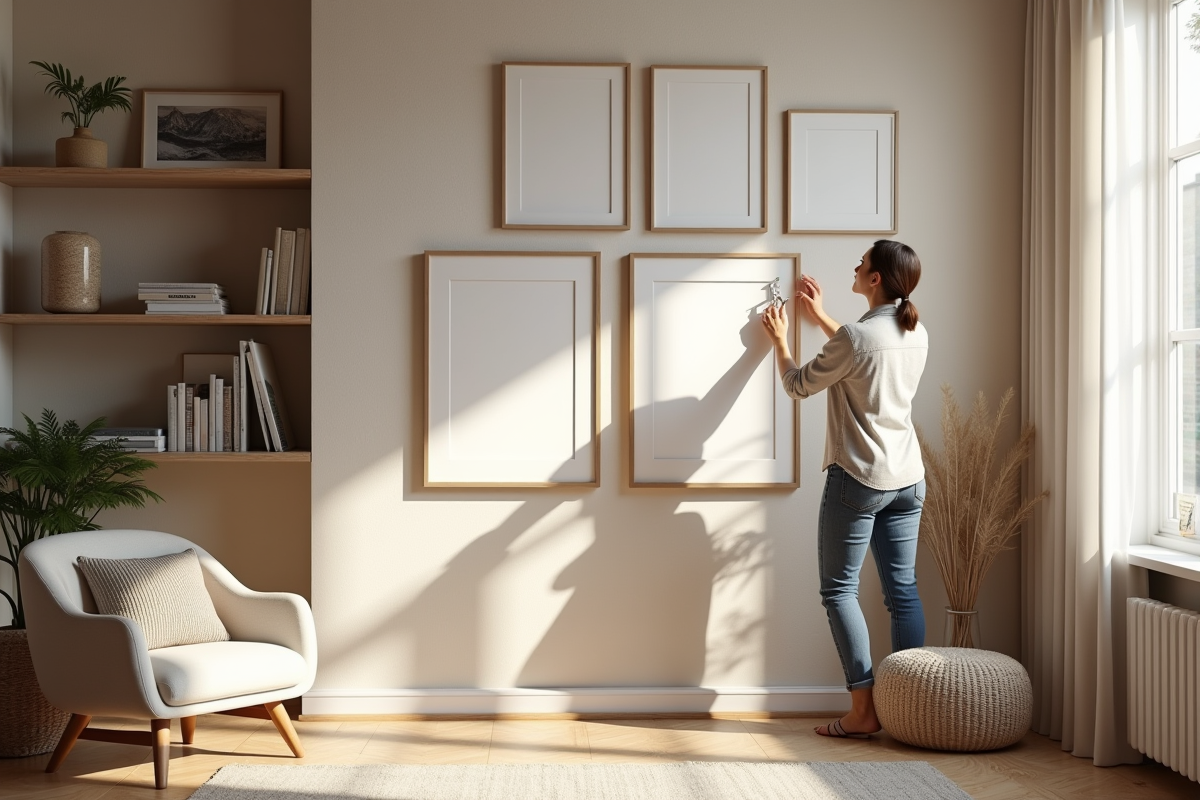 Decorateur arrangeant des cadres sur un mur lumineux