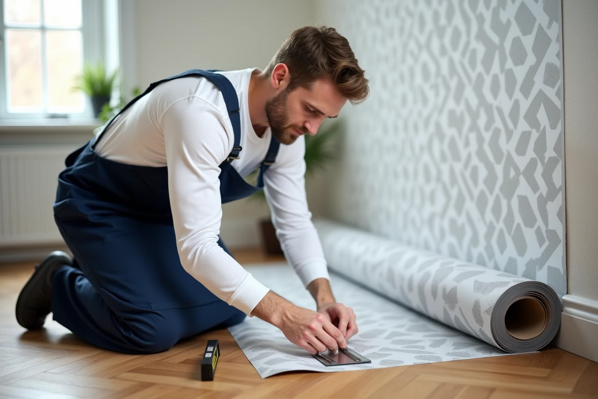 Homme mesurant et découpant un revêtement mural autocollant grande surface avant la pose sur un mur intérieur