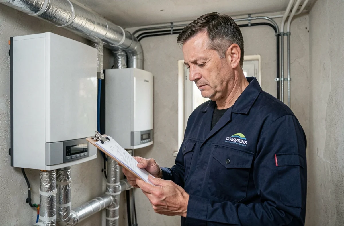 Technicien de Delicourt Énergies inspectant une installation de chauffage et isolation à Boves