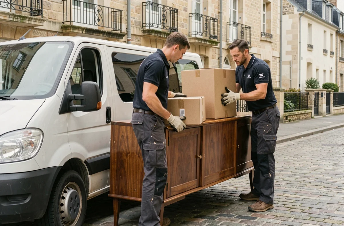 Déménageurs chargeant un meuble ancien et des cartons dans un camion de débarras devant un immeuble résidentiel