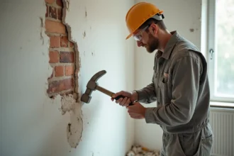 Ouvrier en combinaison de travail démolissant un mur intérieur non porteur avec un marteau-piqueur dans un appartement en rénovation