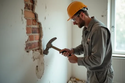 Ouvrier en combinaison de travail démolissant un mur intérieur non porteur avec un marteau-piqueur dans un appartement en rénovation