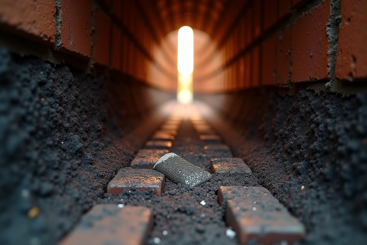 Gros plan sur des dépôts de créosote épais à l'intérieur d'un conduit de cheminée malgré l'utilisation d'une bûche de ramonage