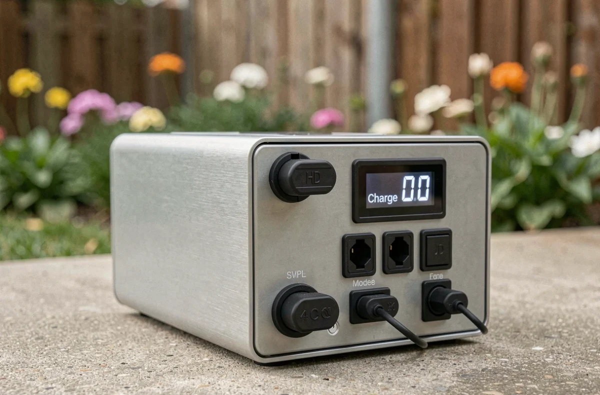 Détail du module de stockage intégré d'un kit solaire plug and play avec affichage numérique de charge