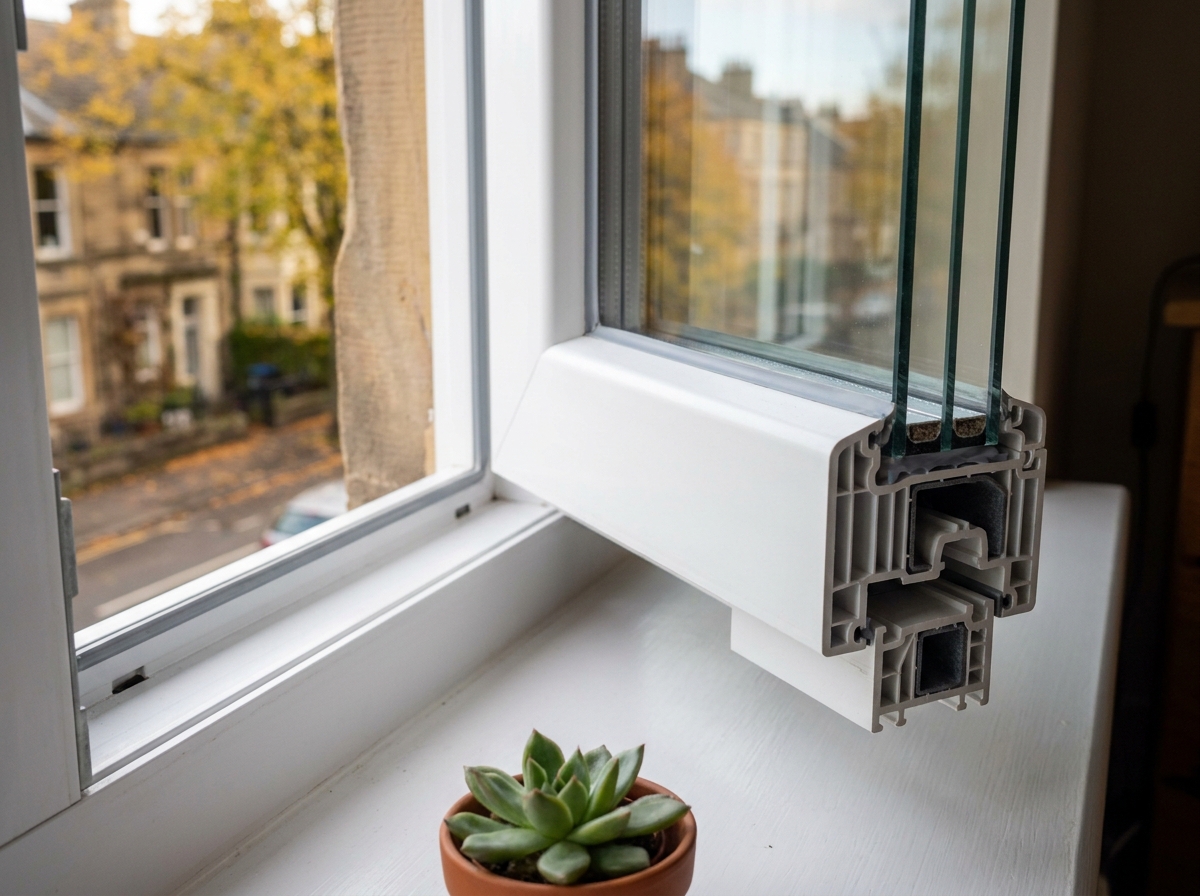 Détail en gros plan d'un cadre de fenêtre à double vitrage écoénergétique avec joint silicone et profil uPVC isolant