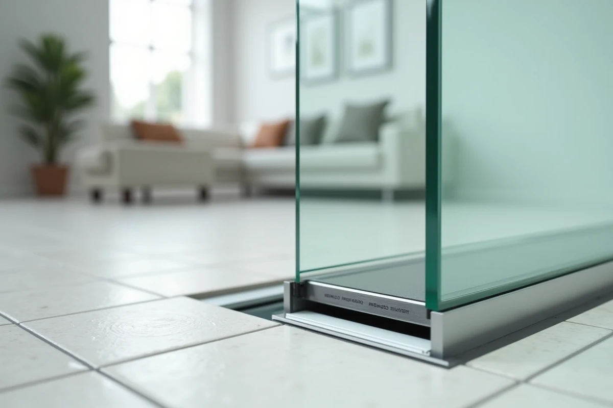 Détail du cadre en aluminium et du joint antidérapant d'une trappe en verre sécurisée avec serrure encastrée sur un carrelage de salon