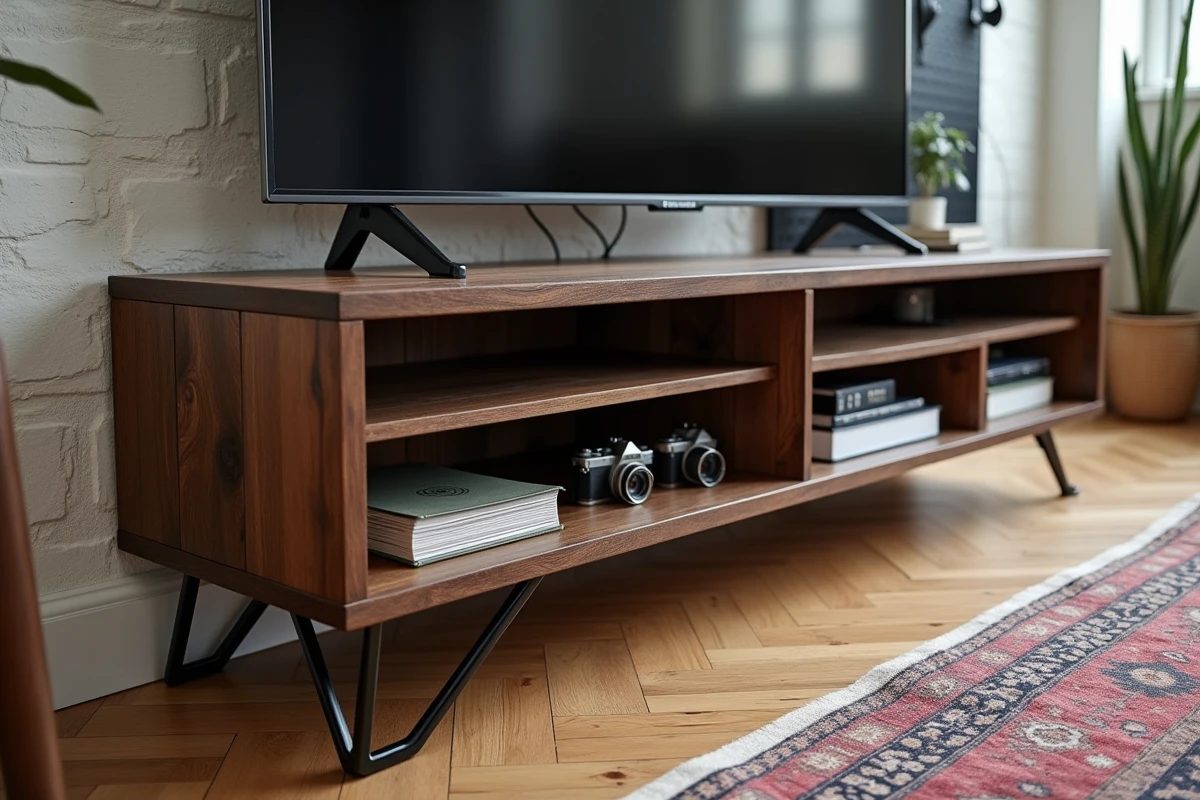 Détail d'un meuble TV d'angle industriel avec étagères en noyer et pieds en acier brut dans un studio contemporain