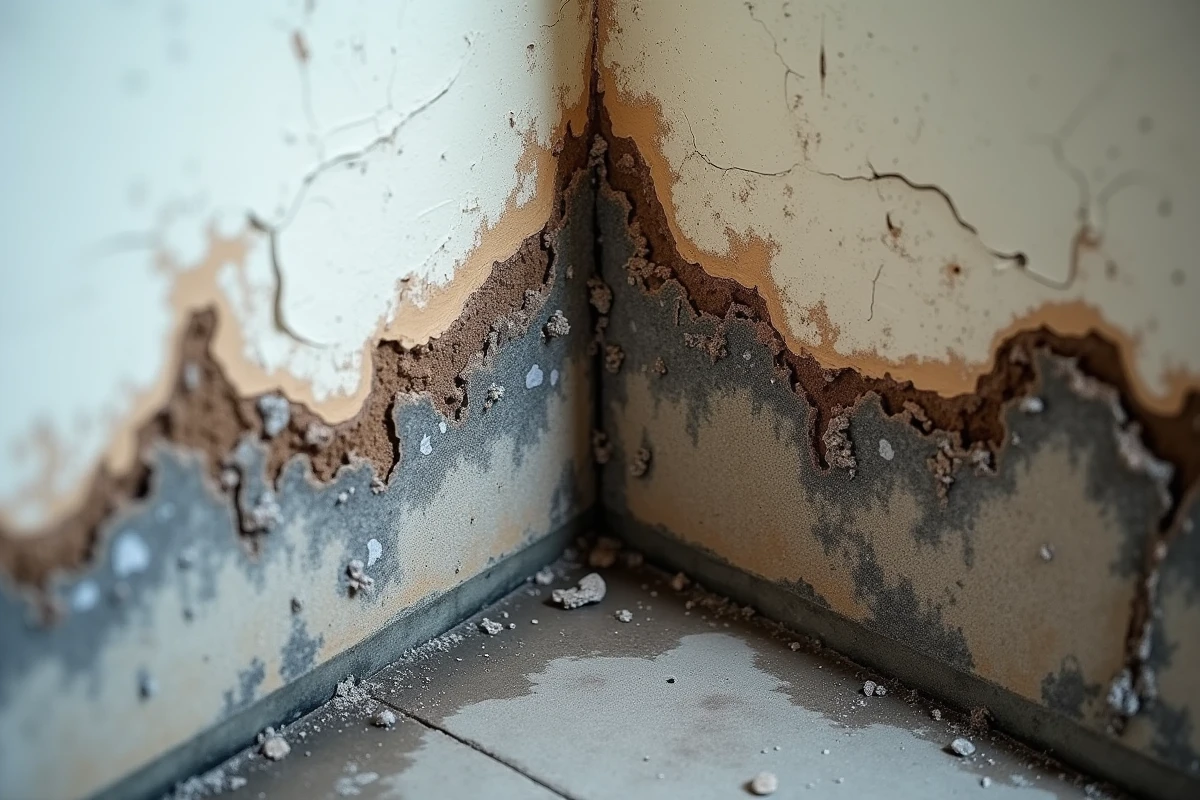 Détail d'un mur d'habitation avec moisissures, traces d'humidité et plâtre décollé causés par des infiltrations d'eau