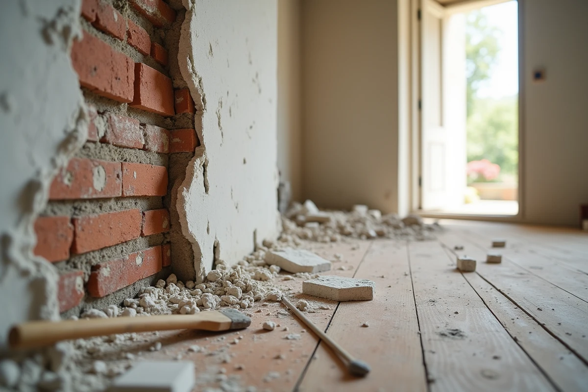 Gros plan sur un mur non porteur partiellement démoli montrant les couches de plâtre, briques et armatures métalliques dans un logement en travaux