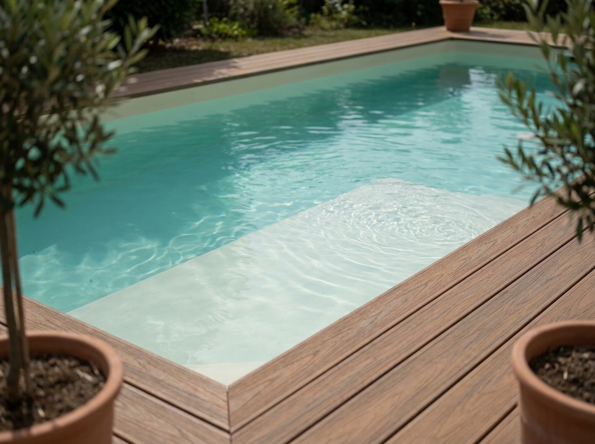 Détail de la plage immergée d'une piscine coque polyester avec dallage composite et transition vers l'eau profonde