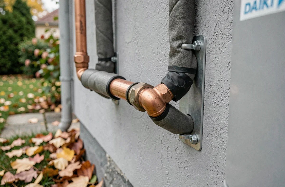 Détail des raccordements en cuivre et isolation de tuyauterie d'une pompe à chaleur Daikin air-eau en extérieur