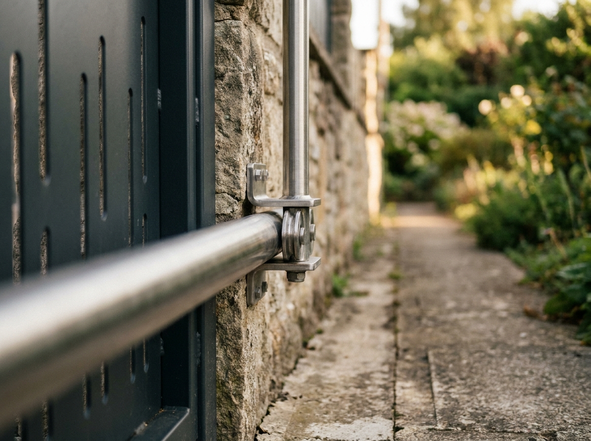 Détail du rail et du mécanisme d'un portail coulissant fixé sur un mur en pierre à l'entrée d'une propriété