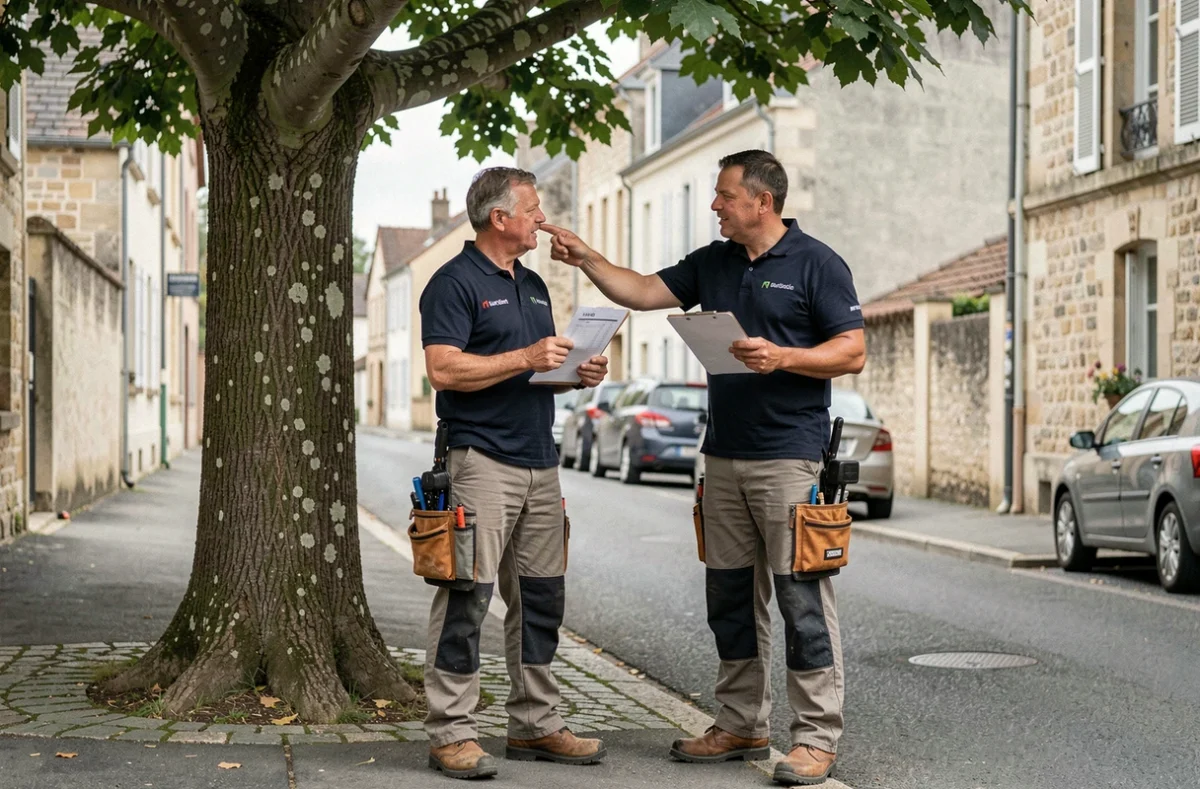Deux professionnels de l'élagage examinant un devis avant une intervention sur un platane en Gironde