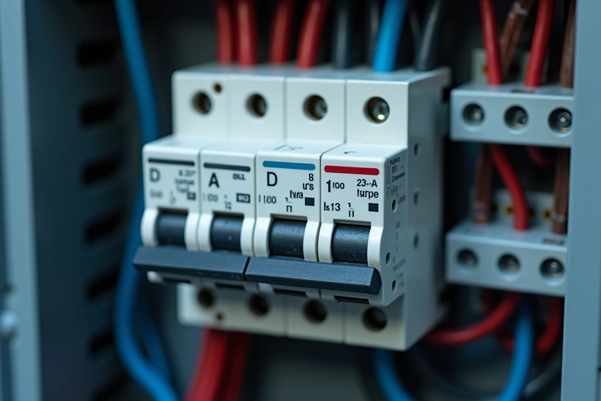 Gros plan sur deux disjoncteurs différentiels type A et type AC côte à côte dans un tableau électrique