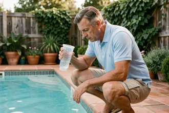 Homme dosant du chlore liquide pour piscine avec verre doseur gradué au bord d'une piscine extérieure