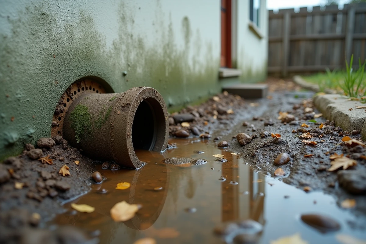 Drain français obstrué par des débris et de la boue le long d'un mur de maison, nécessitant un entretien urgent du système de drainage