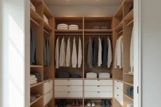 Dressing 2 personnes en L avec rangements en bois clair et vêtements organisés sur deux murs perpendiculaires