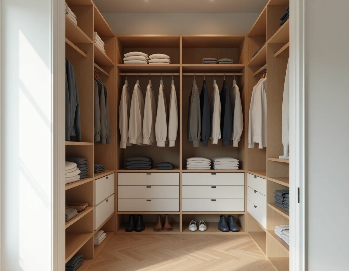 Dressing 2 personnes en L avec rangements en bois clair et vêtements organisés sur deux murs perpendiculaires