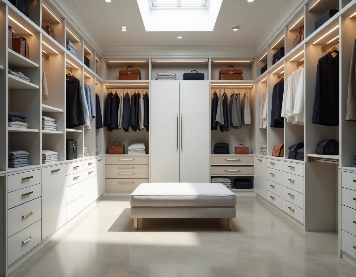 Dressing en U pour deux personnes avec armoires modulaires blanches, miroirs intégrés et banc central