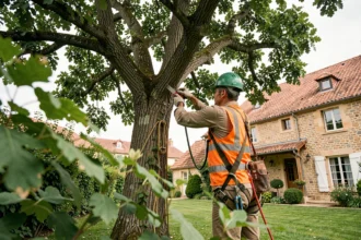 Élagueur professionnel en sécurité dans un chêne lors d'un chantier d'élagage en Gironde