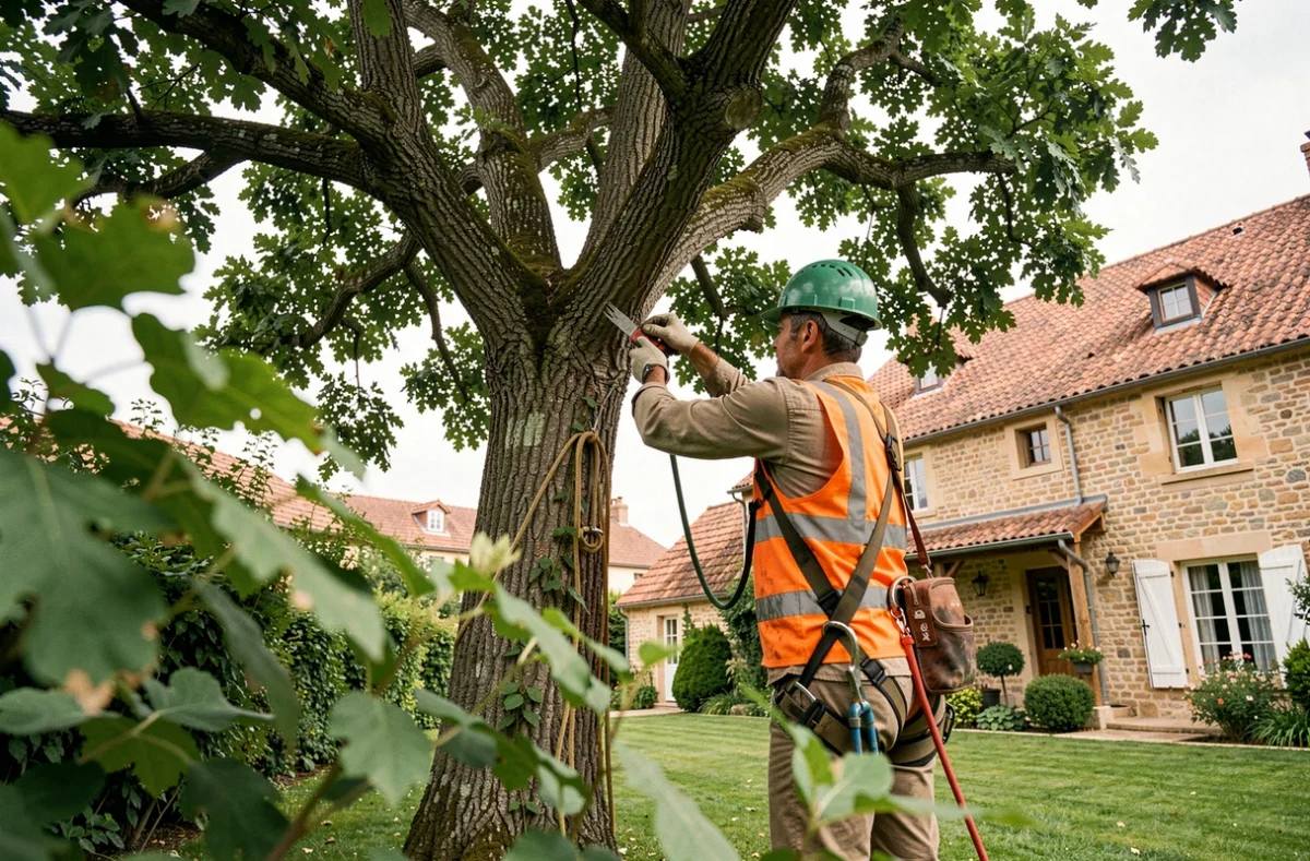 Élagueur professionnel en sécurité dans un chêne lors d'un chantier d'élagage en Gironde