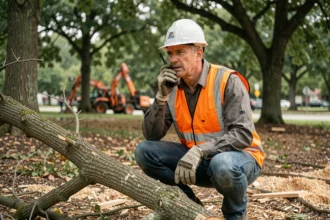 Élagueur équipé d'un gilet de sécurité orange communiquant par radio lors d'un accident sur un chantier d'élagage en milieu urbain
