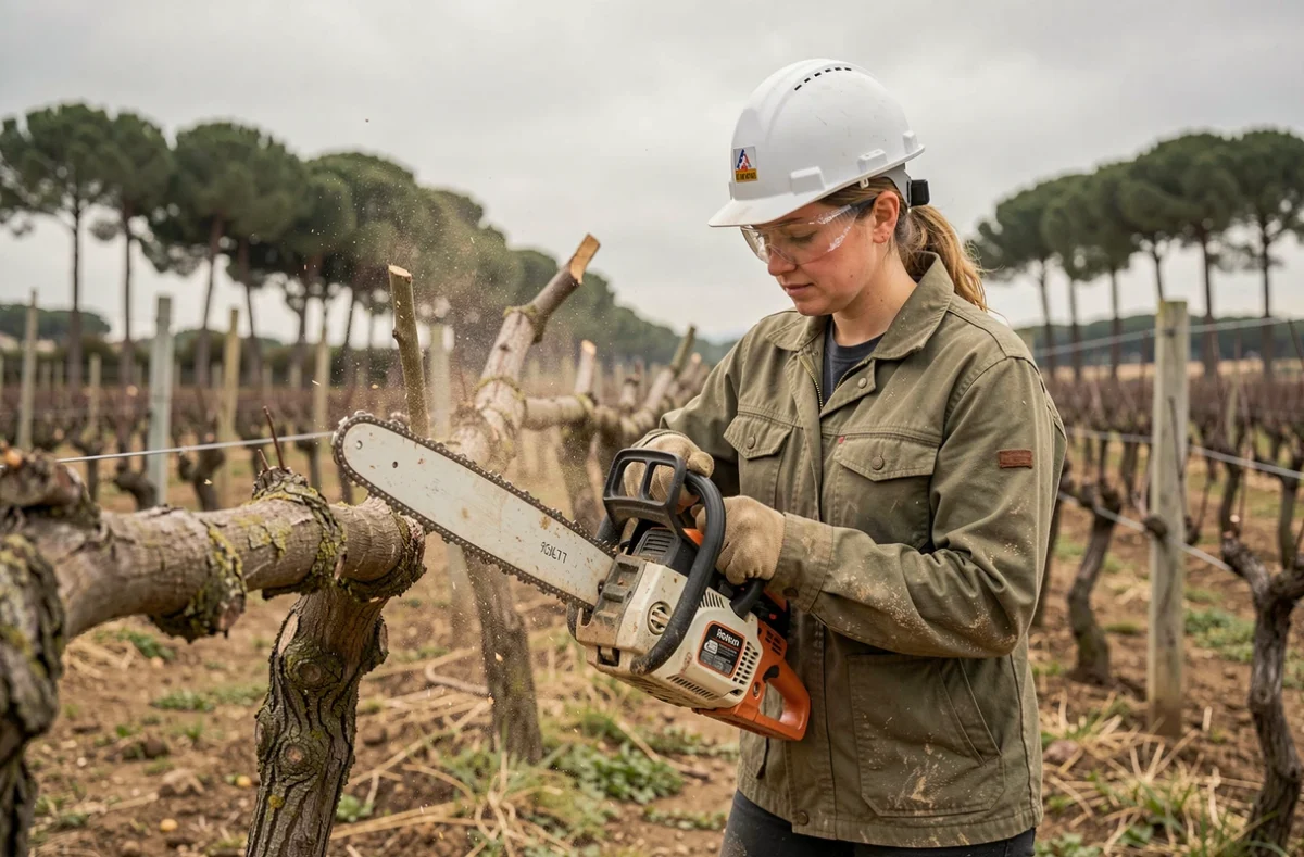 Élagueuse utilisant une tronçonneuse professionnelle sur un arbre fruitier dans un domaine viticole du Médoc