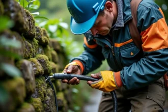 Électricien d'âge moyen installe un câble extérieur dans un jardin humide