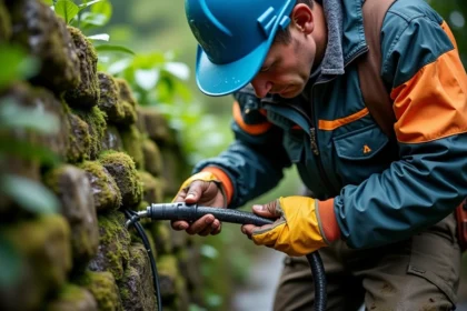 Électricien d'âge moyen installe un câble extérieur dans un jardin humide