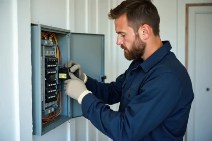 Électricien installant un disjoncteur différentiel dans un tableau électrique résidentiel neuf