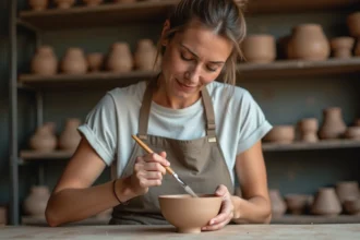 Céramiste appliquant de l'émail au pinceau sur un bol en grès dans un atelier de poterie