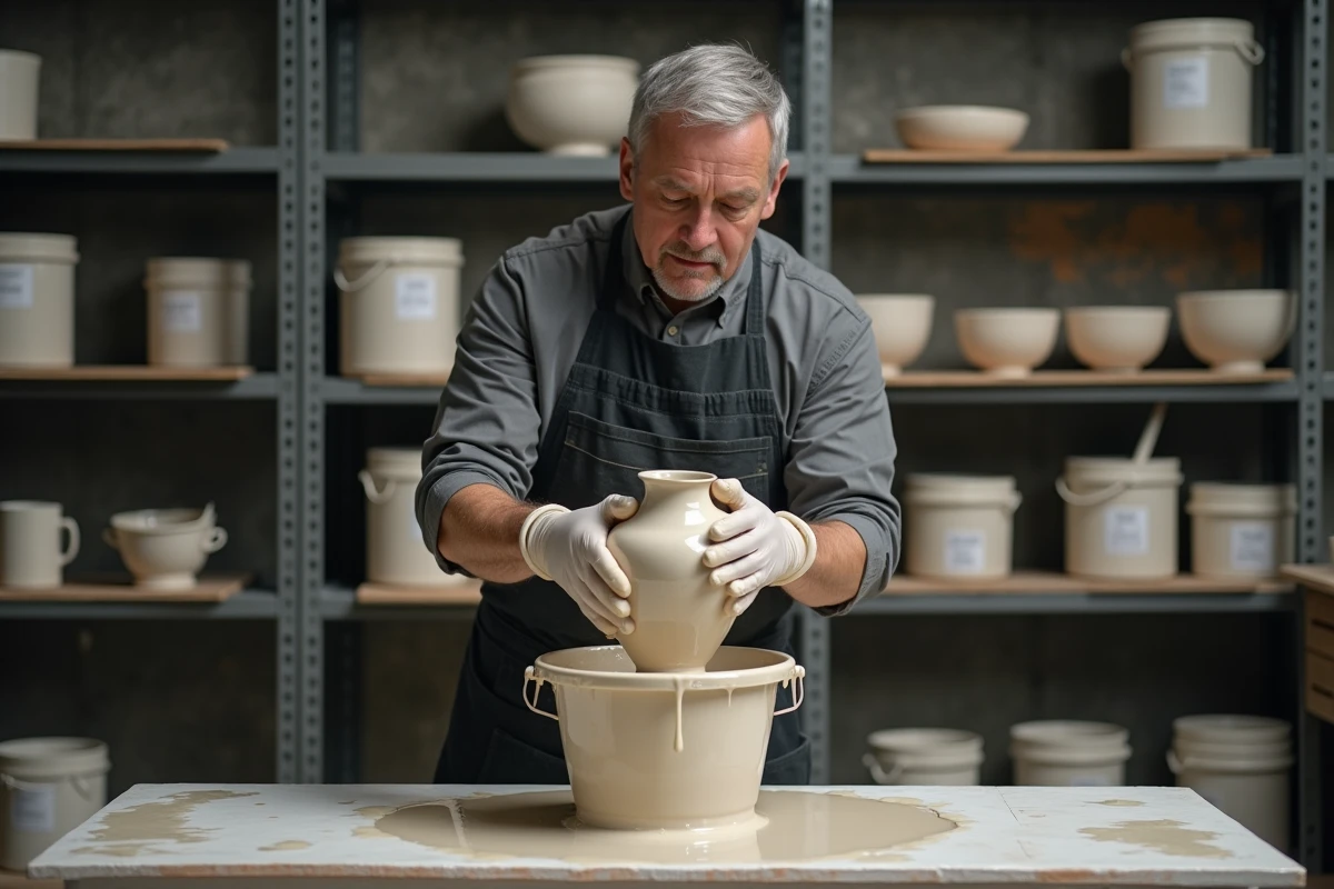 Potier trempant une pièce en céramique dans un seau d'émail en atelier professionnel