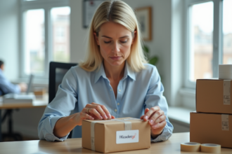 Femme d affaires emballant un colis dans un bureau lumineux