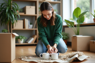 Femme emballant des mugs en papier recyclé dans un salon lumineux