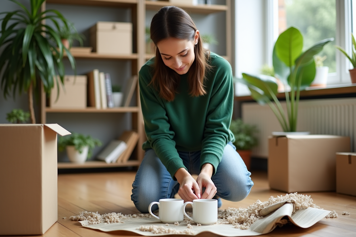 Femme emballant des mugs en papier recyclé dans un salon lumineux